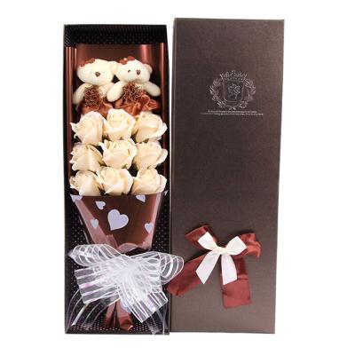 China 9pcs Flowers&2 Bear Hand Made Doll Per Gift Box Rose Bouquet Wholesale Handmade Soap Rose Artificial Flower Rose Soap For Christmas Birthday for sale