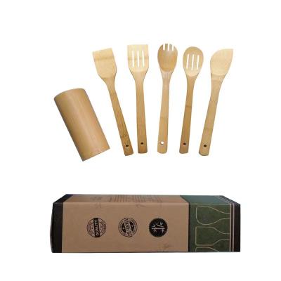 China Sustainable High Quality Wooden Kitchen Utensil 6 Piece Bamboo Cookware Sets Cooking Tools With Rack for sale