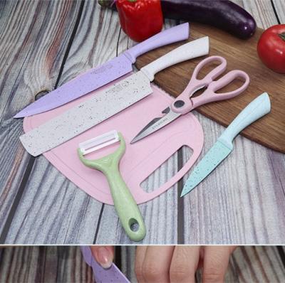 China Viable 6 Pcs/Set Wheat Straw Kitchen Accessories Stainless Steel Kitchen Knife Set With Cutting Board for sale