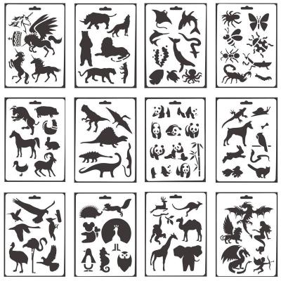 China 12Pcs Reusable Reusable Stencils Tool Kit For Art Projects DIY Painting On Rock Stone Wood for sale