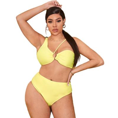 China 2022 Antibacterial Plus Size Bikini Solid Color Split One Shoulder Plus Size Oblique Gathered Sexy High Waist Swimsuit Kurze Seksi Bikini Set for sale