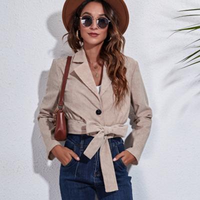 China Breathable Long-sleeved Short Jacket Women Autumn And Winter Corduroy Jacket Suit Collar With Belt for sale