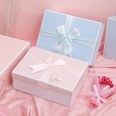 China Recyclable Luxury Cheap Elegant Blue Girly Decorations Factory Logo Paper Packaging With Bow-Knot Two-Piece Custom Ribbon for sale