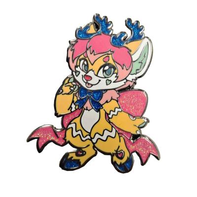 China Europe latest design hard enamel pin with glitter and glowing custom hairy animal pin factory for sale