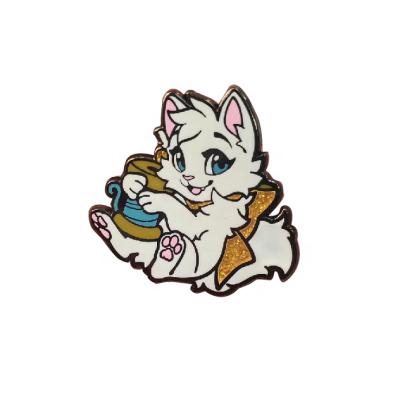 China Europe cute white cat with animal detailed bow tie glitter design pin badges enamel pin custom for sale