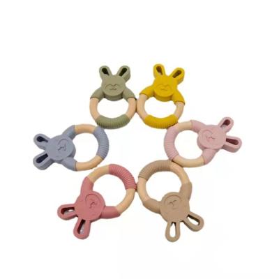 China Toy Factory Soft Supply Rabbit Wooden Ring Teething Toys Food Grade BPA Free Baby Silicone Animal Teether for sale