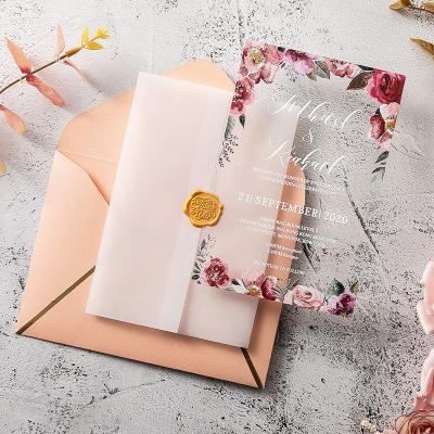 China Decorations Fashionable Transparent Acrylic Wedding Invitation Clear Eucalyptus Design Invites Menu Cards Wedding Invitation Acrylic Card for sale