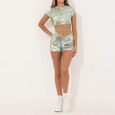 China 2022 Women Streetwear Tie Dye Color Breathable Outfits Set Crop Slim Fit Tops Cross Straps Two Pieces Short Set for sale