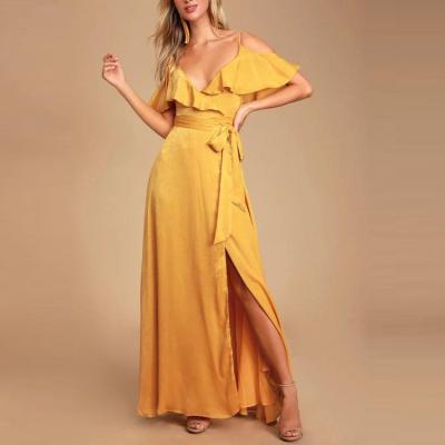 China OEM Factory Wholesale 2022 Women Clothing Fashion Breathable Elegant Summer Vacation Sexy Wrap Split Long Ruffle Dress Women Maxi Dresses for sale