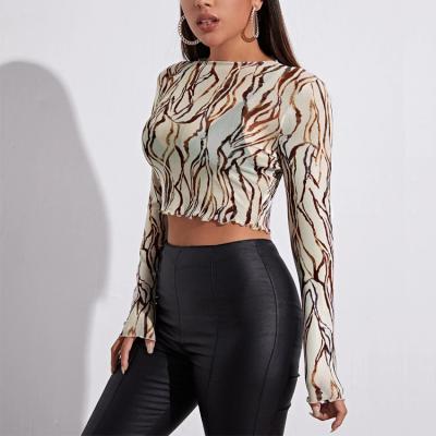 China Custom Printing Mesh Sexy Women Crop Top Fashion Graphic Pattern Ladies OEM Streetwear Anti-wrinkle Wholesale Long Sleeve T-shirt for sale