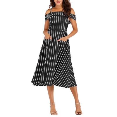 China Breathable Summer Ladies Dresses 2020 Fashion Sexy Striped Print Sleeveless Plain One Shoulder Strap A Line Casual Dyed Dress Outfits for sale