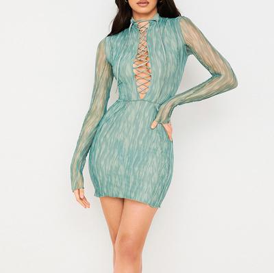 China Autumn New Arrival Anti-Static Women Sheath Long Sheer Ruched 2021 Mesh Bodycon Dress Sexy Party Nightclub for sale