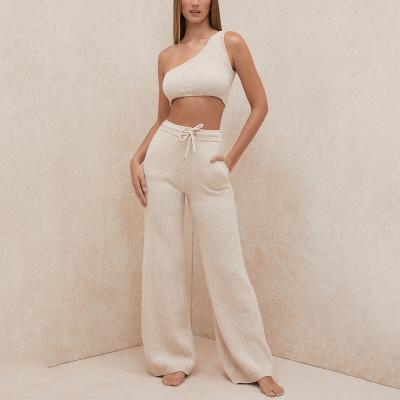 China 2021 Women Comfortable Wide Leg Lounge Wear Breathable Chenille Pants Sweater Two Piece Set for sale