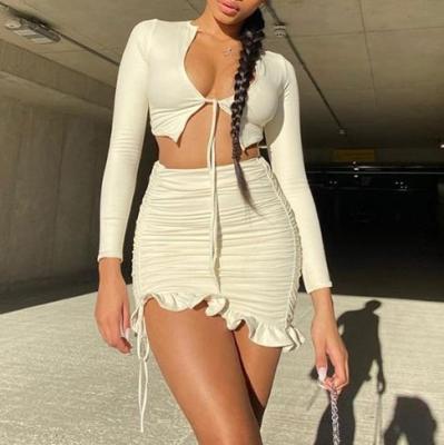 China Two-piece casual suit anti-pilling fall new long sleeve lace cardigan high waist bandage skirt for women for sale