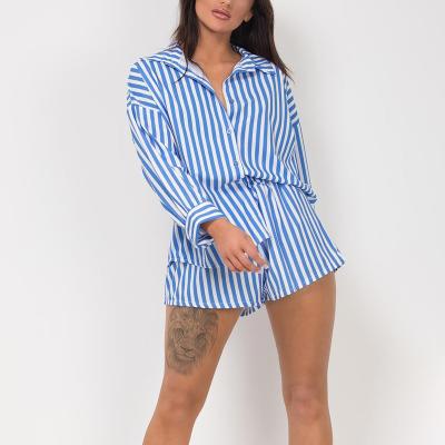 China 2022 New Custom Women's Loungewear Women's Casual Long Sleeve Anti-pilling Stripe Oversized Shirt Long And Short Coordinating Set for sale