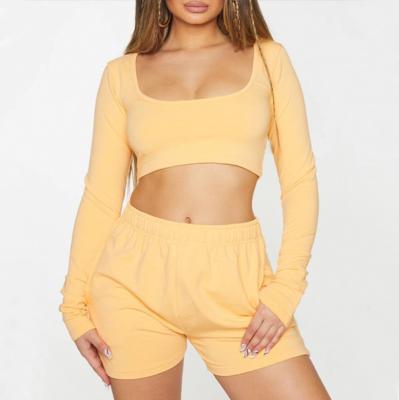 China 2021 Cotton 2021 Top Two Piece Anti-pilling Short Set Custom Crop Long Sleeve Full Set 2 Piece Outfits Women for sale