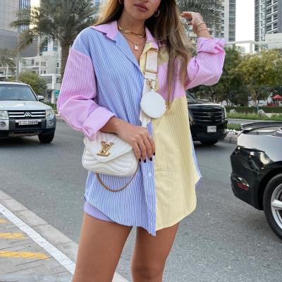 China 2021 Autumn Women's Anti-pilling Colorblock Striped Blouses And Shirts Fashionable Women's Blouse Long Sleeve Tops for sale