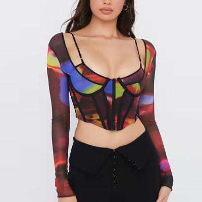 China 2022 Breathable Sexy V-Neck Women's Long Sleeve Y2k Printed Mesh Bustier Corset Crop Top for sale