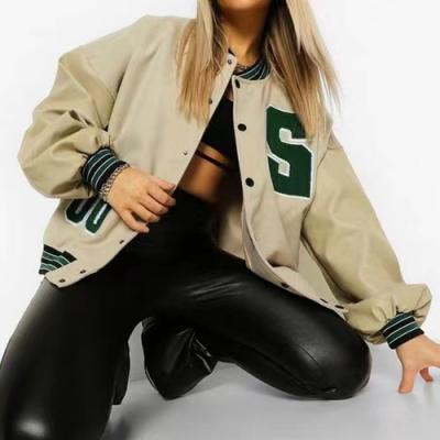 China Custom Letterman Sleeve Leather Letterman Autumn Winter PU Baseball Wool Bomber Jacket Breathable Oversized Varsity Jacket Women for sale