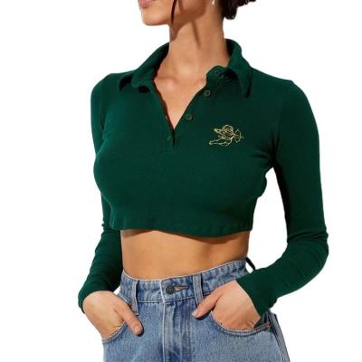 China Anti-wrinkle Autumn Clothes Ladies Vintage Angel Embroidered Long Sleeve Cute Crop Tops T-shirt Women 2021 for sale