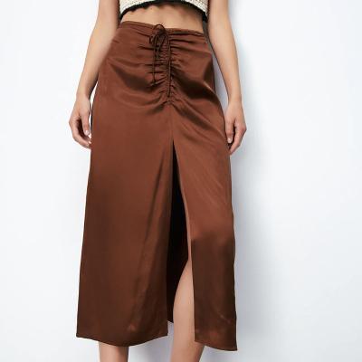 China Fall 2021 Anti-Static New Drawstring Ruffled Top Elegant Brown Reversed Ruched Satin Midi Skirt Women for sale