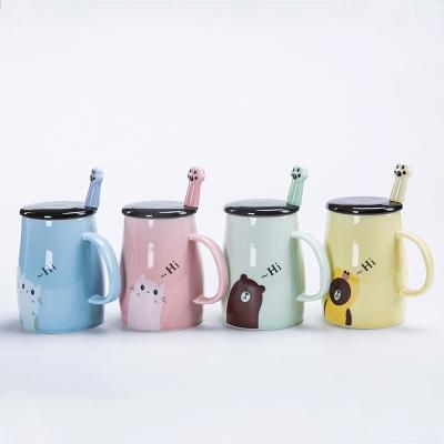 China 15oz 450ml Custom-Ceramic-Ceramic-Mug-Makers Stainless Steel Coffee Cup Spoon Kawaii Cat Claw Viable Mug With Lid for sale