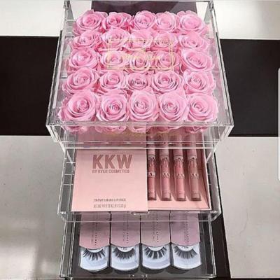 China Waterproof Custom Clear Acrylic Storage 25 Roses Preserved Flower Box With Drawer for sale