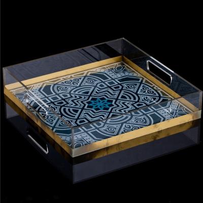 China Handmade Transparent Square Clear Acrylic Plastic Trays Insert Handle Arabic Food Serving Tray for sale