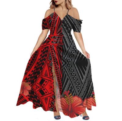 China Women Summer Open Leg Sleeve Party Polynesian Samoan Tribal Print Dress Anti-Static Sexy Short Off Shoulder Long Beach Dress for sale