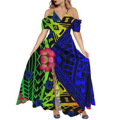 China High Quality Hawaiian Tribal Print Women's Anti-Static Women's V-Neckline Edge Dress Long Criss-Cross Summer Sexy Off Shoulder Dress for sale