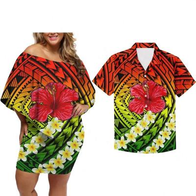 China Anti-Static Polynesian Tribal Couple Clothes Suits Women Off Shoulder Dress Men Matching Shirt For Party Wedding Apparel Island Wear for sale