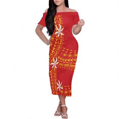 China Anti-static summer dress Plumeria Maxi Dresses Women's Samoan Tiare Print One Shoulder Dress 2022 model Wholesale Print on demand for sale