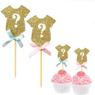 China Paper Cake Topper Gender Reveal Party Supplies Gold Glitter Party Supplies with Pink and Blue Cake Toppers for sale