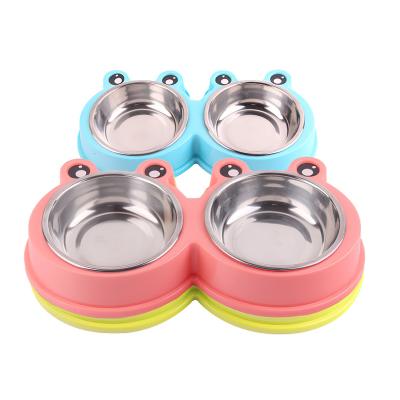 China Cartoon Viable Plastic Frog Pet Bowl Stainless Steel Pet Driver Cat Dog Double Water Bowl for sale