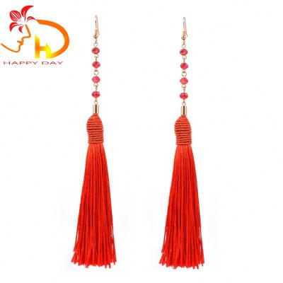 China European Vintage Gold Simple Design Fashion Crystal Drop Chat Long Thread Tassel Earrings Red Silk Woman for sale