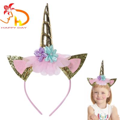 China Fashionable Kids Birthday Party Flower Headdress Sparkle Shiny Unicorn Horn Ears Headband Unicorn Headband for sale