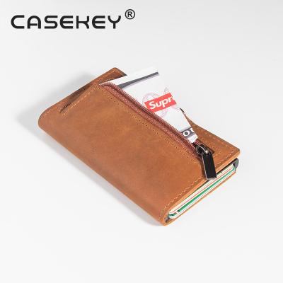 China Custom Brand Men RFID Minimalist OEM Card Holder Genuine Leather Ultra Thin Wallet Rfid Protected Aluminum Wallet for sale