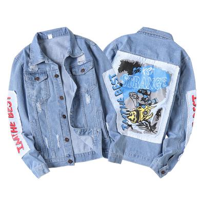 China Breathable BB-YM-DS393-76 New European and American men's patch printed casual ripped jackets men's denim jacket for sale