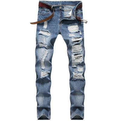 China New stretch CK-J0607-50 high washed light blue ripped QUICK DRY plus size denim lattice for men for sale