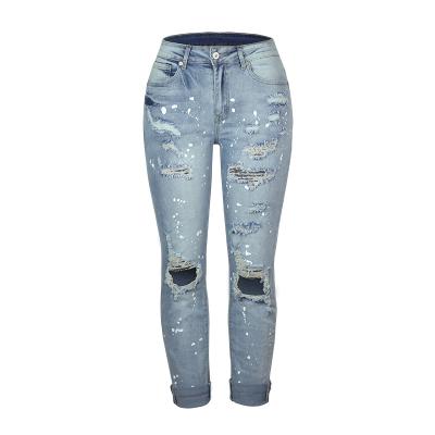 China A Grade Breathable Quality Guaranteed Cotton Stylish Skinny Jeans For Women Light Blue Straight Leg Ripped Jeans for sale