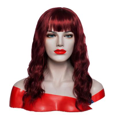 China Wholesale Deep wave burgunly red natural wave wig long with bangs natural synthetie hair wig for women for sale