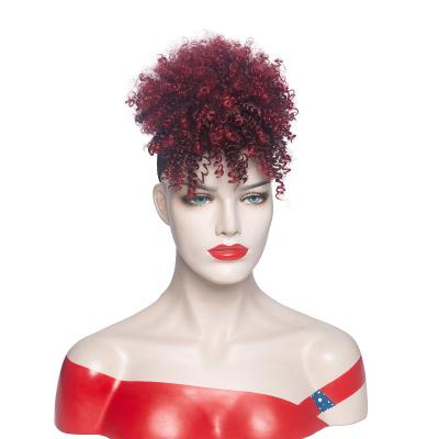 China Wholesale Kinky Curly Synthetic Hair Bun Ponytail With Bangs Heat Resistant Afro Kinky Curly Synthetic Hair Wigs Burgundy Hair For Women for sale