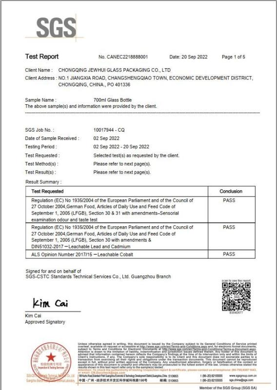 EUROPEAN FOOD GRADE CERTIFICATE - Chongqing Jewhui Glass Packaging Co., Ltd.