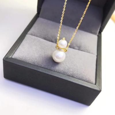 China 1289P 6-8mm Real CLASSIC Natural Freshwater Pearl Necklace With 925 Sterling Silver With Gold Plated Pendant Necklace for sale