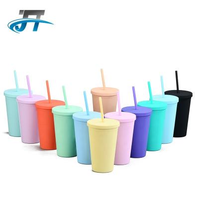 China 2022 Sustainable Pop Candy Color Double Layer Straw Cup 16OZ Plastic Coffee Mug Frosted Plastic Cup With Straw for sale