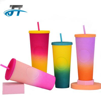 China Durian 2022 710ml Gradient Durian Cup Plastic Colorful Straw Sustainable Popular Cup Double Wall Tied Hand Durian Cup for sale