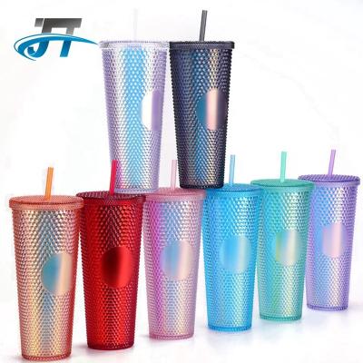 China Diamond 2022 Hot Viable Multicolor Reusable Plastic Double Wall Plastic Double Wall Tumbler With Straw for sale