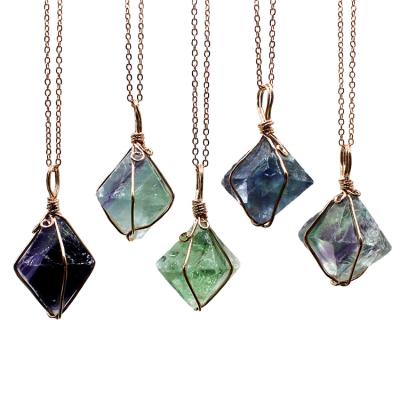 China FASHIONABLE Jewelry Natural Crystal Handmade Colorful Gem Necklace Fluorite Octahedron Pendant Necklace for sale