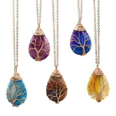 China Wholesale Bohemia Stain Steel Wire Wrapped Tree Of Life Necklace Natural Gemstone Teardrop Pendants Necklace for sale