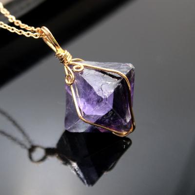 China FASHIONABLE Jewelry Natural Crystal Handmade Colorful Gem Necklace Fluorite Octahedron Pendant Necklace for sale